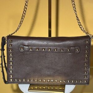 D & L Brown Studded Leather Clutch Wristlet Crossbody 11” x 7” x 1.5”  EUC